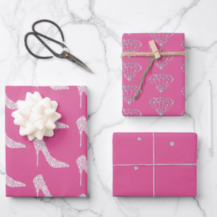 Pink Chic Diamond High Heel Shoes Wedding Wrapping Paper Sheet