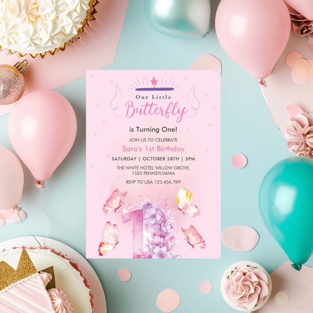 Pink Chic First 1st Birthday Floral, Butterfly Invitation (Creator Uploaded)
