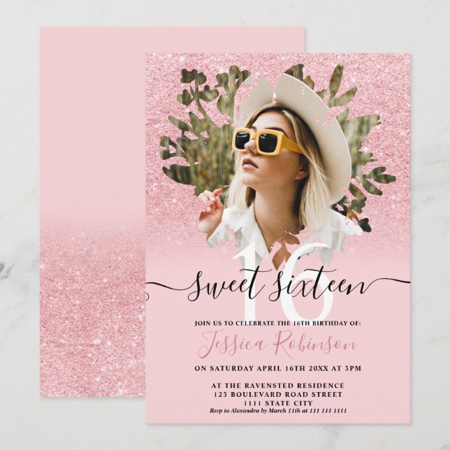 Pink chic glitter ombre photo floral Sweet 16 Invitation (Front/Back)
