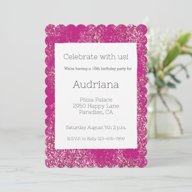 Pink Chic Glitzy Glitter Sparkle 16th Birthday Invitation (Standing Front)