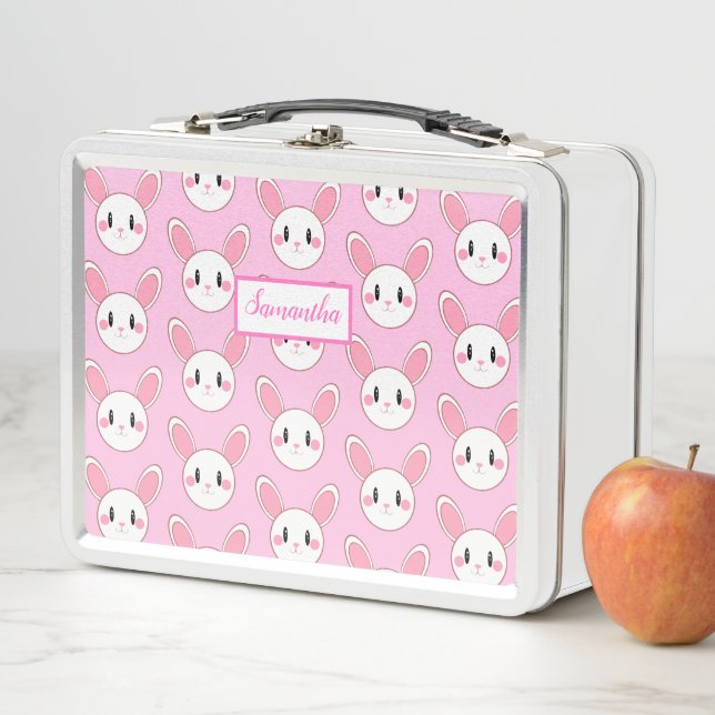 Pink Chic Modern Cute Fluffy Bunny Rabbit Metal Lunch Box (In Situ)