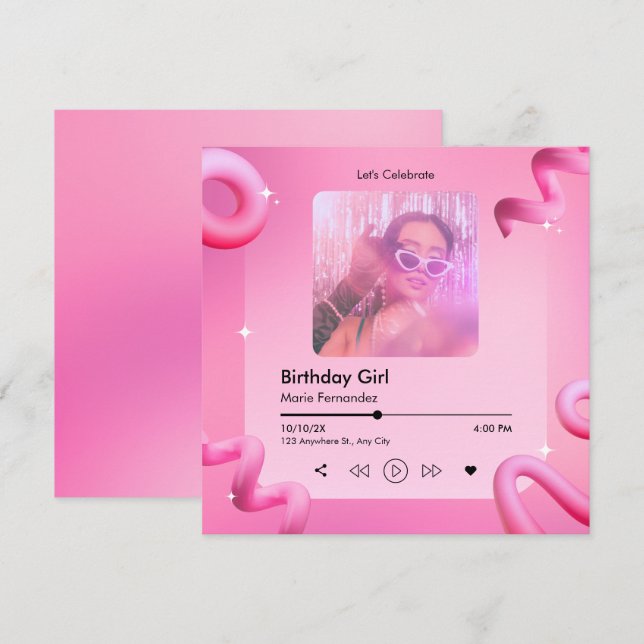 Pink chic music playlist cover photo birthday invitation (Front/Back)