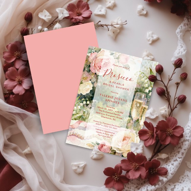 Pink Chic Prosecco & Pearls Glitter Bridal Shower Invitation (Pink Chic Serene Prosecco & Pearls Glitter Bridal Shower Invitation Cards.)