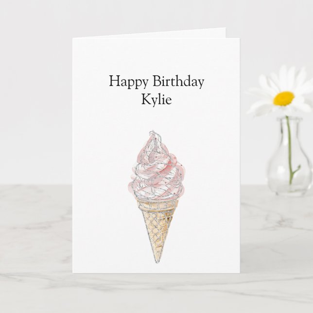 Pink Chic Silver Ice Cream Cone Birthday Card (Small Plant)