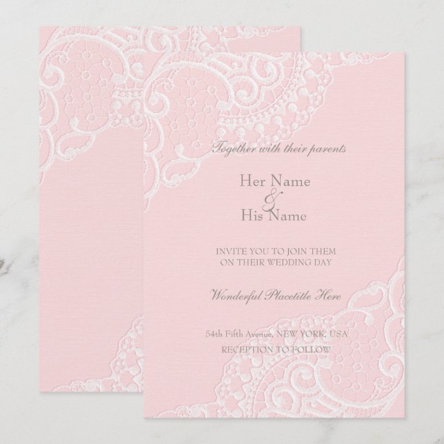 Pink Chic Vintage Elegant Lace Wedding Invitation (Front/Back)