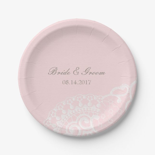 Pink Chic Vintage Elegant Lace Wedding Paper Plate (Front)