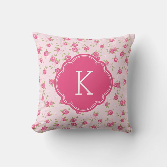 Pink Chic Vintage Floral Print Monogram Cushion (Front)
