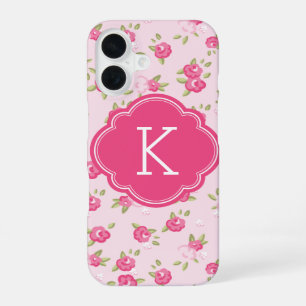 Pink Chic Vintage Floral Print Monogram iPhone 16 Case
