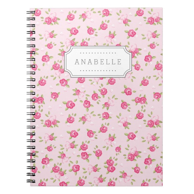 Pink Chic Vintage Floral Print Monogram Notebook (Front)