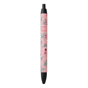 Pink Chic Watercolour Floral Monogram Black Ink Pen