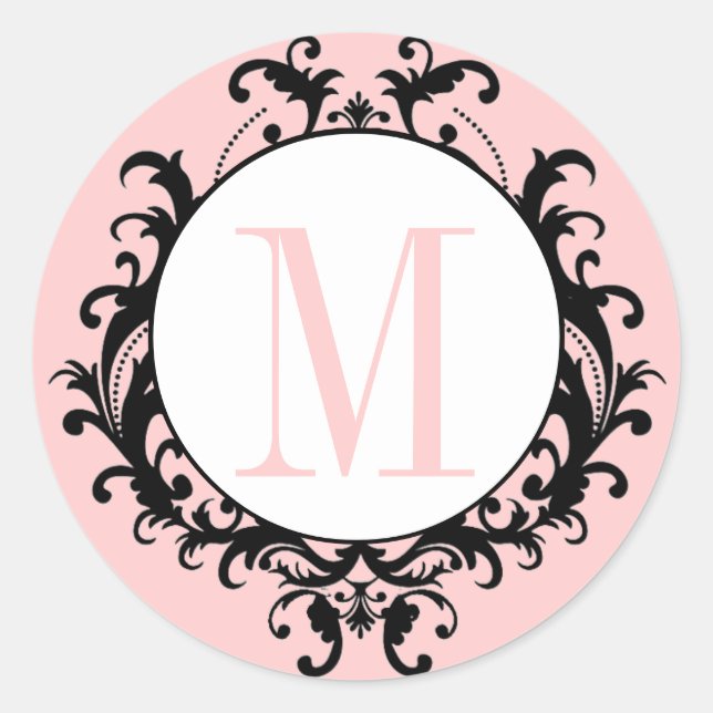 Pink Chic Wedding Monogram M Damask Label (Front)
