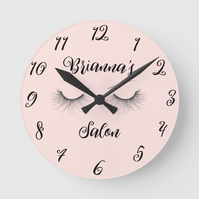 Pink Chic Wispy Eyelashes Salon Personalised Round Clock (Front)
