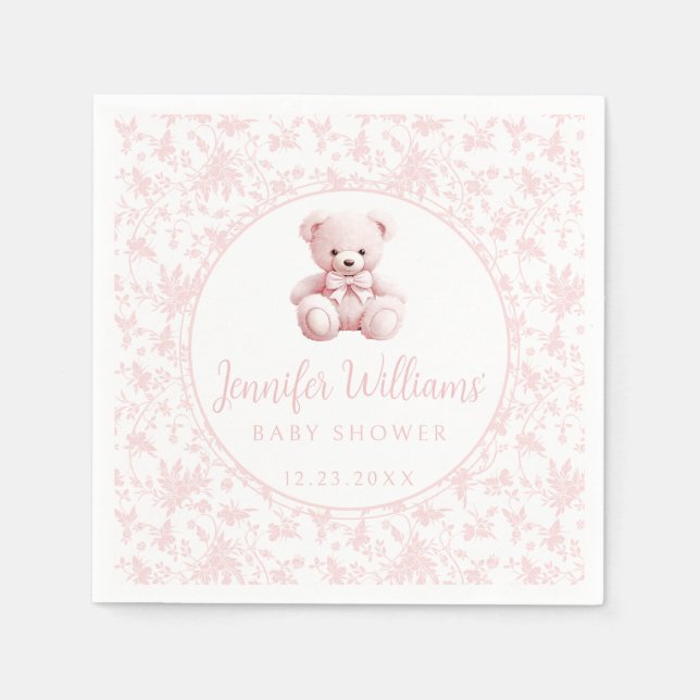 Pink chick teddy bear baby girl shower paper napkin (Front)