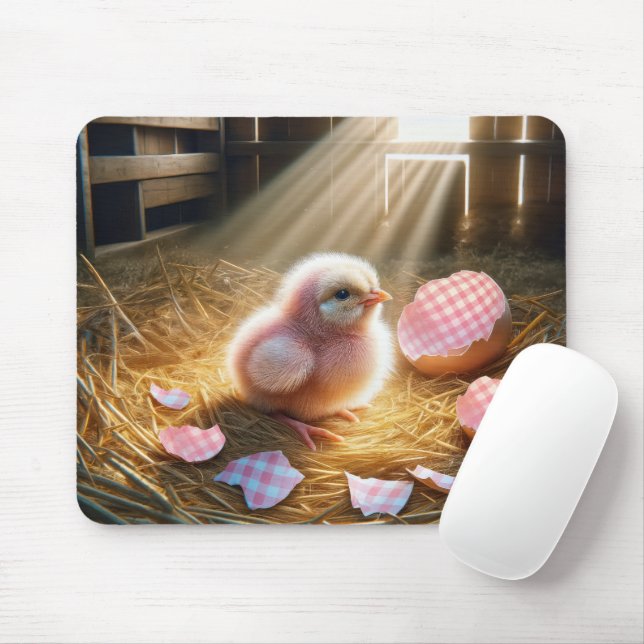 Pink Chick With Gingham Eggshell Mouse Mat (With Mouse)