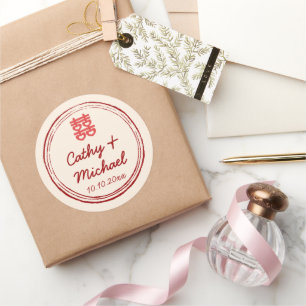 Pink Chinese wedding double happiness stamp logo Classic Round Sticker
