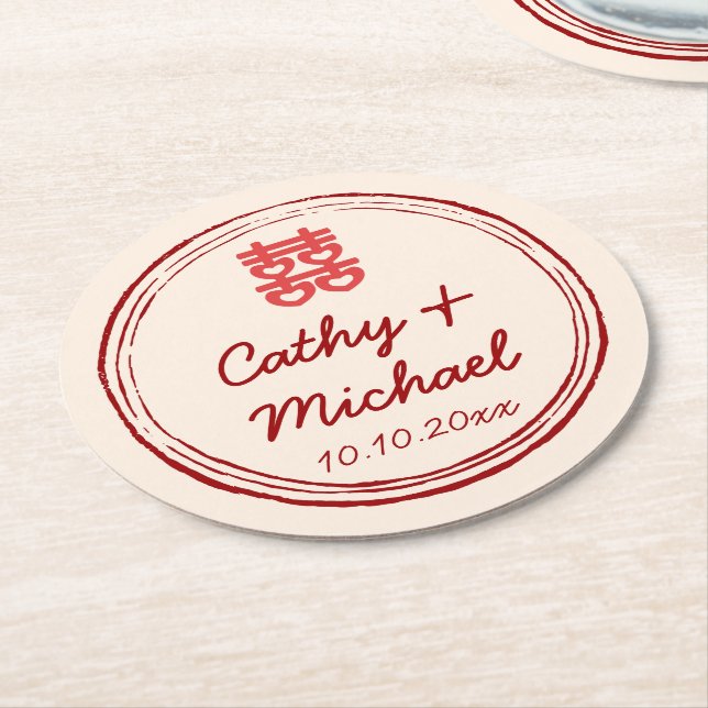 Pink Chinese wedding double happiness stamp logo Round Paper Coaster (Angled)