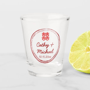 Pink Chinese wedding double happiness stamp logo Shot Glass