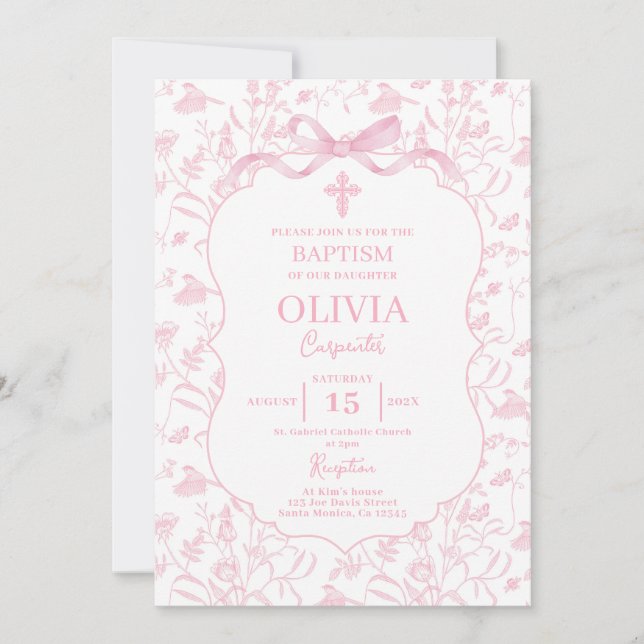 Pink Chinoiserie Baptism Girl Invitation (Front)