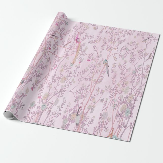 Pink Chinoiserie Bird Decoupage  Wrapping Paper (Unrolled)