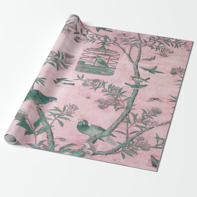 Pink Chinoiserie Bird Decoupage Wrapping Paper (Unrolled)