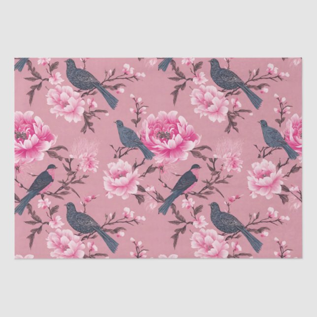 Pink Chinoiserie bird floral decoupage Tissue Paper (Front)