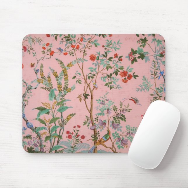 Pink Chinoiserie Bird Floral  Mouse Mat (With Mouse)