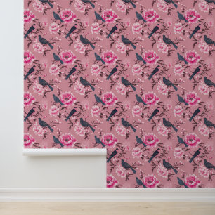 Pink Chinoiserie bird floral peel and stick Wallpaper