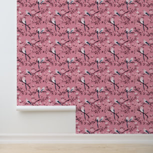 Pink Chinoiserie bird floral peel and stick Wallpaper