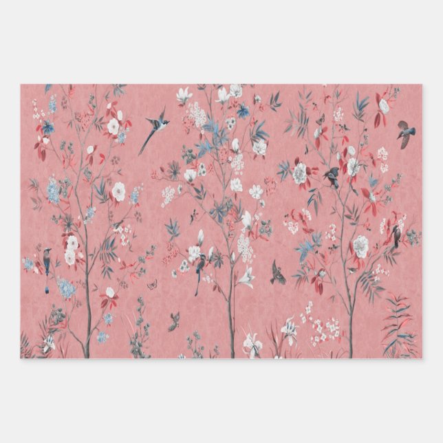 Pink Chinoiserie Bird Wrapping Paper Sheets  (Front)