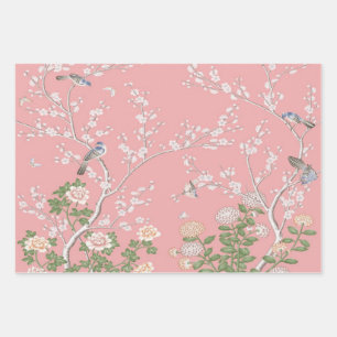 Pink Chinoiserie Bird Wrapping Paper Sheets 