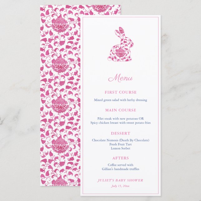Pink Chinoiserie Bunny Bridal Shower Party Menu (Front/Back)