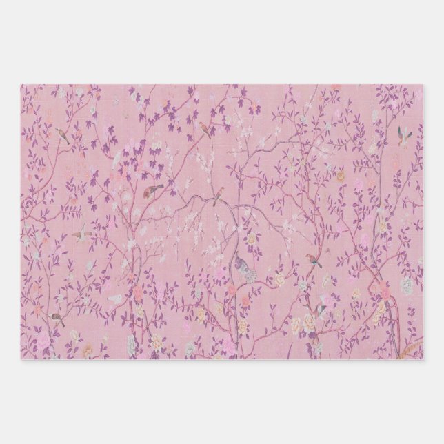 Pink Chinoiserie Decoupage Wrapping Paper Sheets  (Front)
