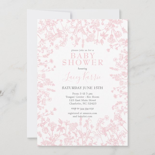 Pink Chinoiserie Floral Baby Shower Invitation,  Invitation (Front)