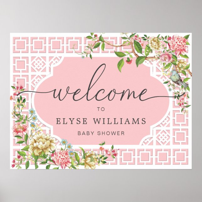 Pink Chinoiserie Floral Baby Shower Welcome Sign (Front)