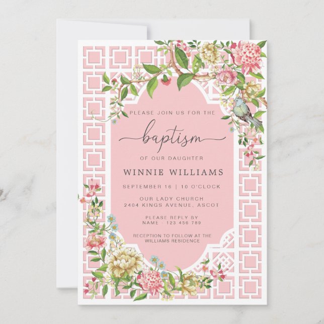 Pink Chinoiserie Floral Baptism Invitation Trianon (Front)