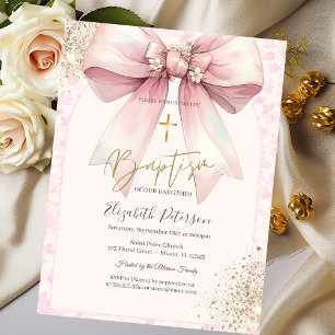 Pink Chinoiserie Floral Bow Gold Cross Invitation