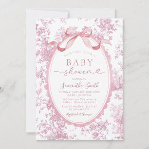 Pink Chinoiserie Floral Bow Toile Girl Baby Shower Invitation
