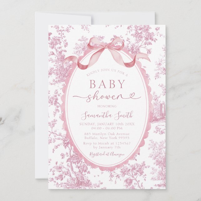 Pink Chinoiserie Floral Bow Toile Girl Baby Shower Invitation (Front)
