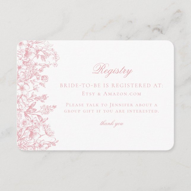Pink Chinoiserie Floral Bridal Registry Card (Front)