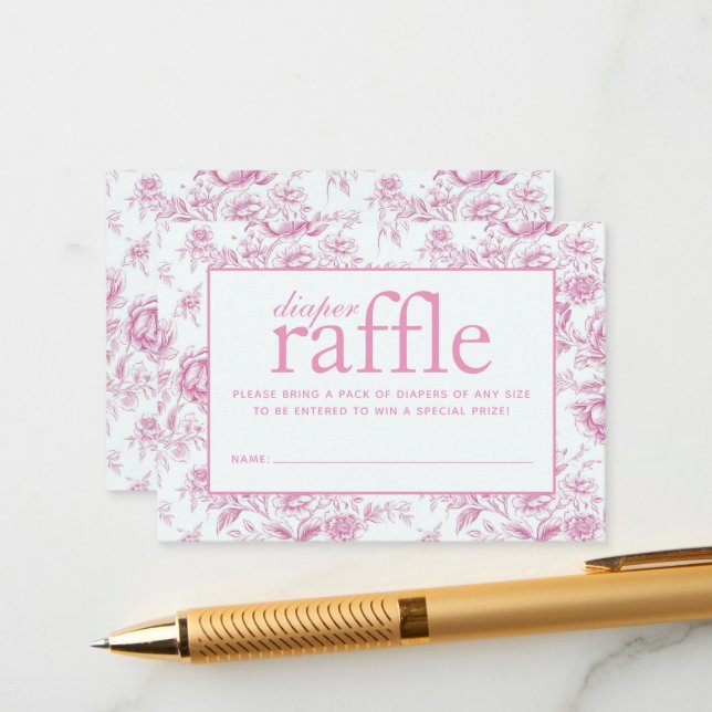 Pink Chinoiserie Floral French Toile Diaper Raffle Enclosure Card (Front/Back In Situ)