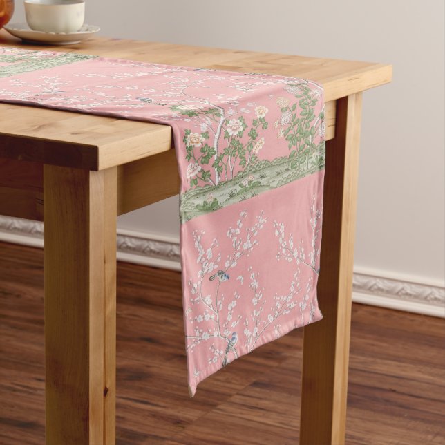 Pink Chinoiserie Floral Modern Dining Short Table Runner (In Situ)