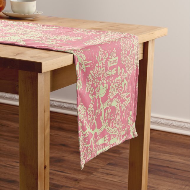 Pink Chinoiserie Floral Modern Dining Short Table Runner (In Situ)
