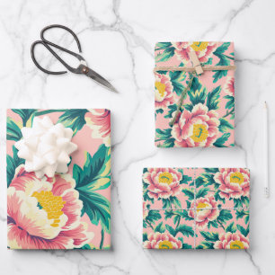 Pink Chinoiserie Floral Wrapping Paper Sheet