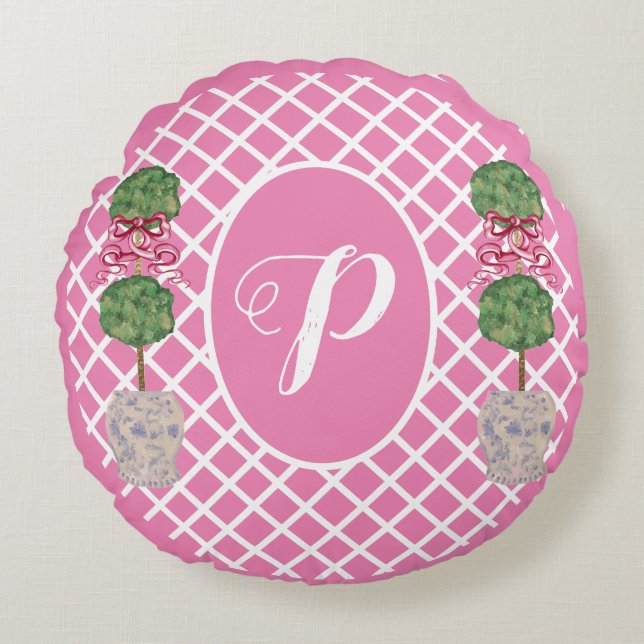 Pink Chinoiserie Ginger Jar Jars Topiary Basket Round Cushion (Front)