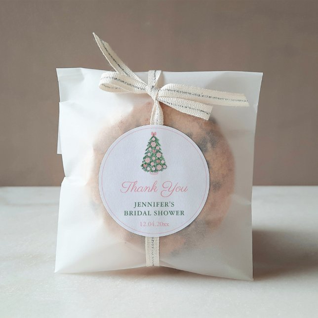 Pink Chinoiserie Holidays Tree Bridal Shower Favou Classic Round Sticker (Chinoiserie Chic Pink And Green Christmas Wedding Shower Favor Sticker)