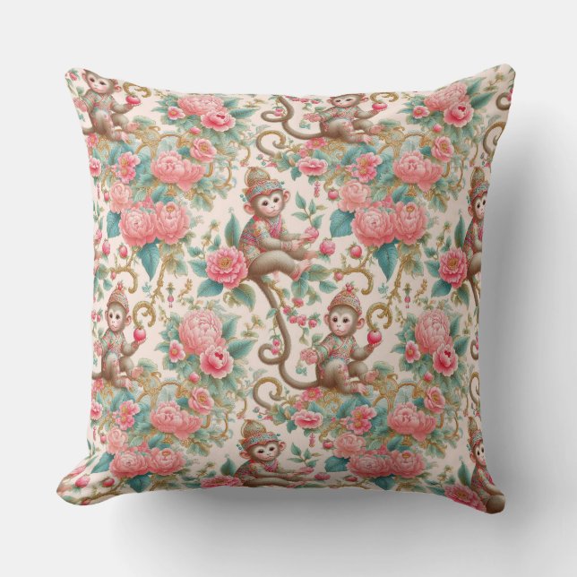 Pink Chinoiserie Monkey Cushion (Front)