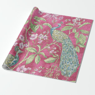 Pink Chinoiserie peacock floral decoupage Wrapping Paper