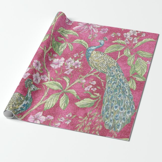 Pink Chinoiserie peacock floral decoupage Wrapping Paper (Unrolled)