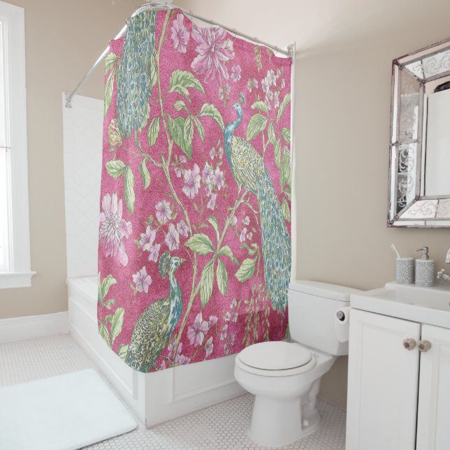 Pink Chinoiserie peacock floral  Shower Curtain (In Situ)