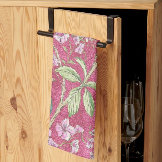 Pink Chinoiserie peacock floral  Tea Towel (Thirds Fold)